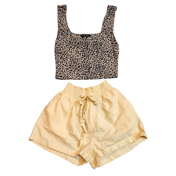 Love Tree Pants - 🎁Love Tree Ivory Linen Drawstring PaperBag Shorts & SHEIN Leopard print tank- S